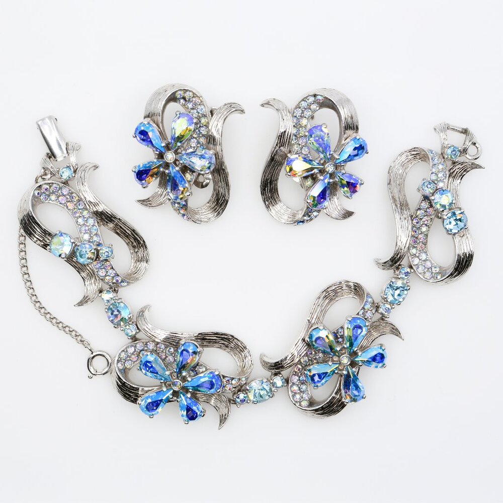 Vintage Schiaparelli Blue AB Rhinestone Floral Bracelet and Clip On Earrings Set